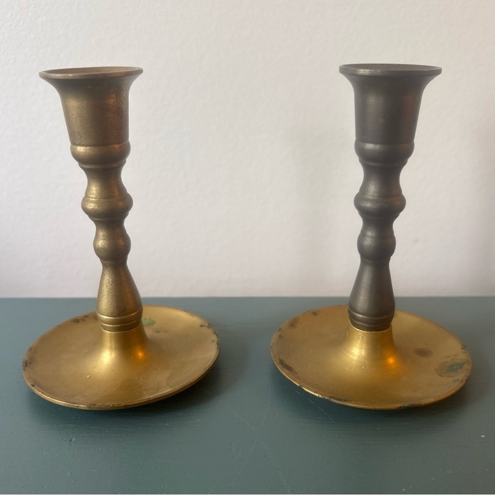 Vintage Pair Solid Brass Candlesticks With Drip Candle Holder